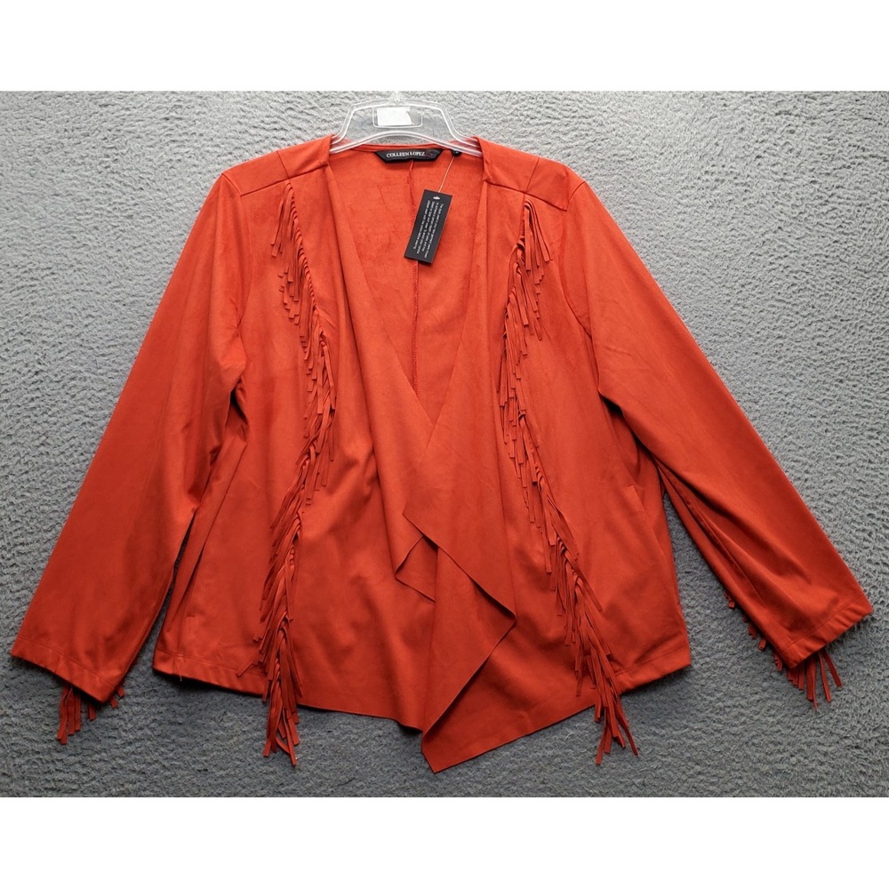 Colleen Lopez Faux Suede Fringe Jacket Womens 1X Red Stretch Open Draped Front